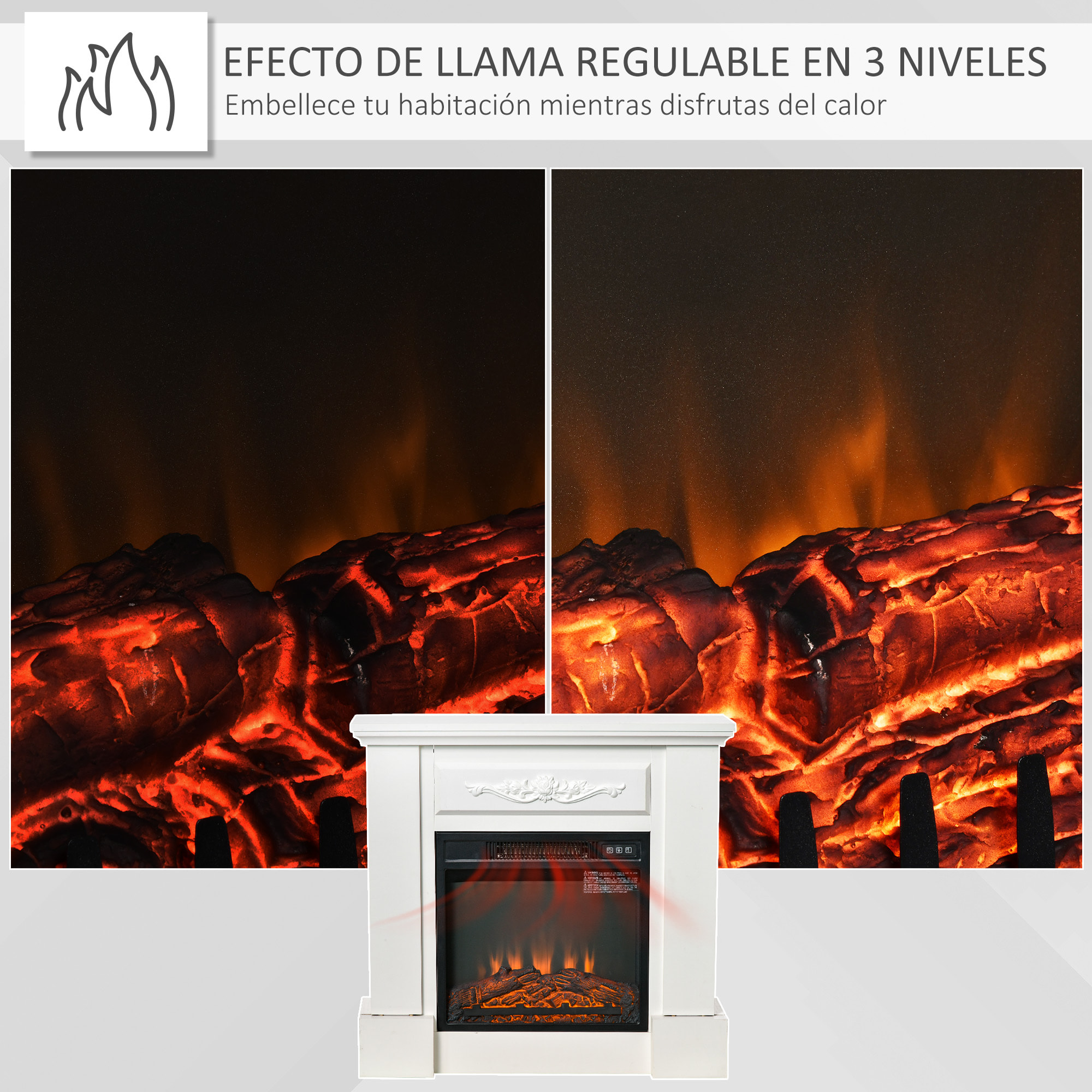 Chimenea Eléctrica 1800W Chimenea Decorativa con Efecto de Llama Mando a Distancia Temporizador Protección Contra Sobrecalentamiento para Sala 30 m² Blanco