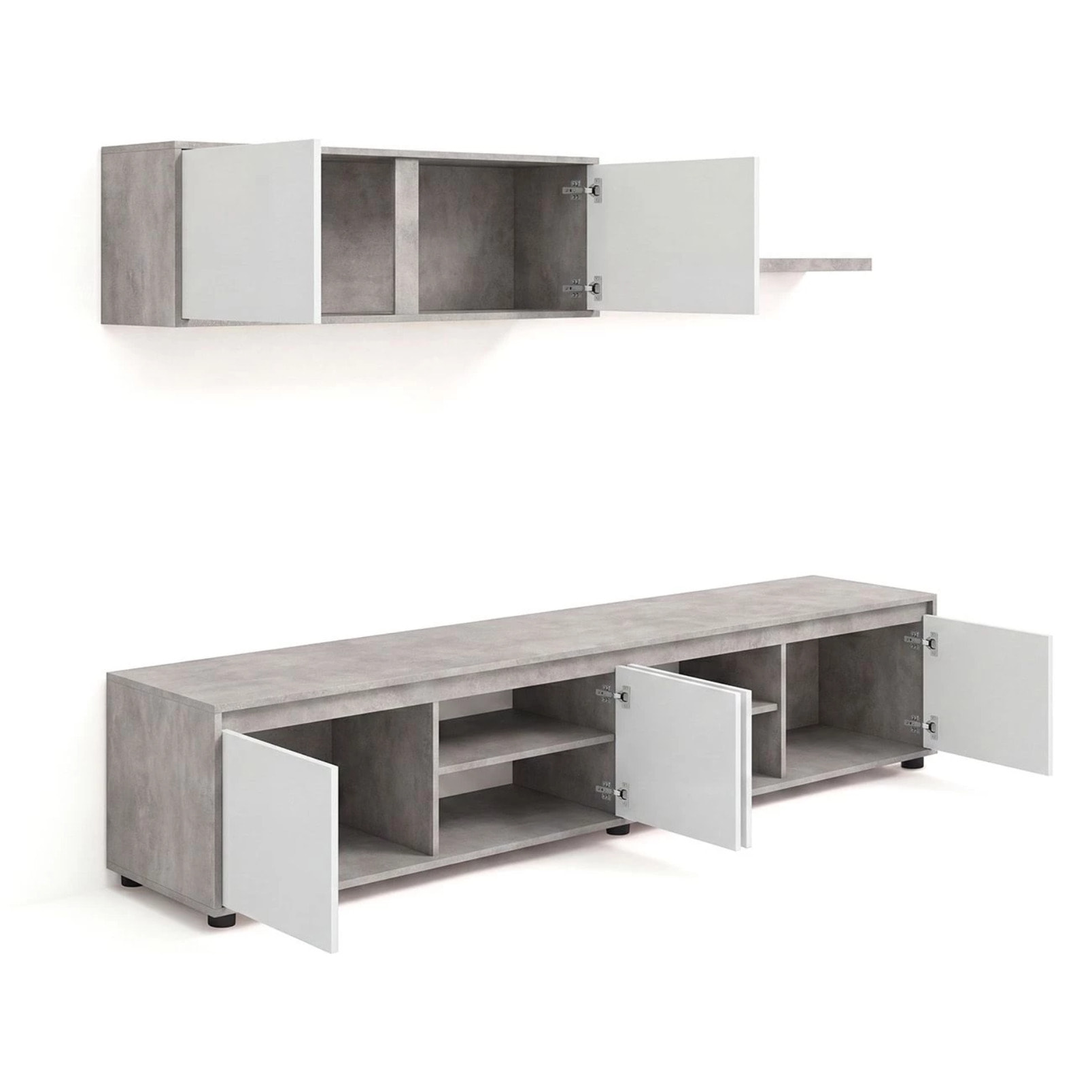 Salón con mueble de TV y estantería en gris cemento y blanco artik 200 cm Arlet Gris cemento - Blanco Artik (Blanco Mate)
