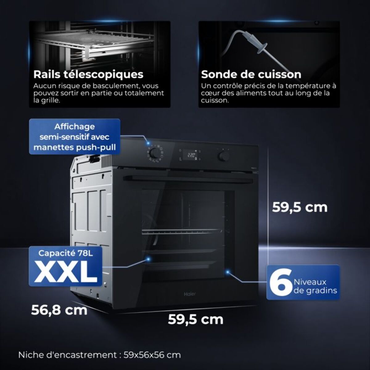 Four encastrable HAIER ID2P5B5EYTB - Pyrolyse - Hydrolyse - Chaleur pulsée - Porte froide - Rails télescopiques