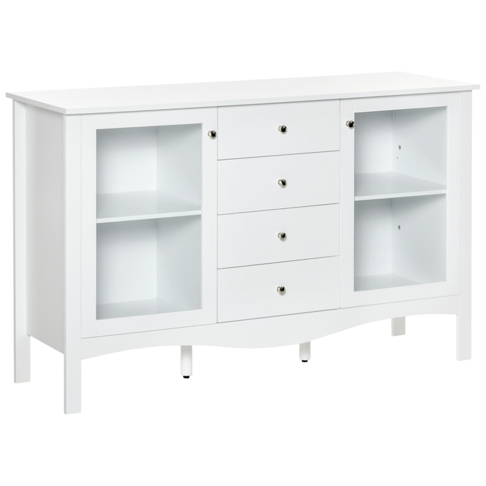 Aparador de Cocina Armario Buffet con 2 Puertas de Vidrio Estante Ajustable Interior y 4 Cajones Mueble Auxiliar para Comedor Salón 136x45x85 cm Blanco