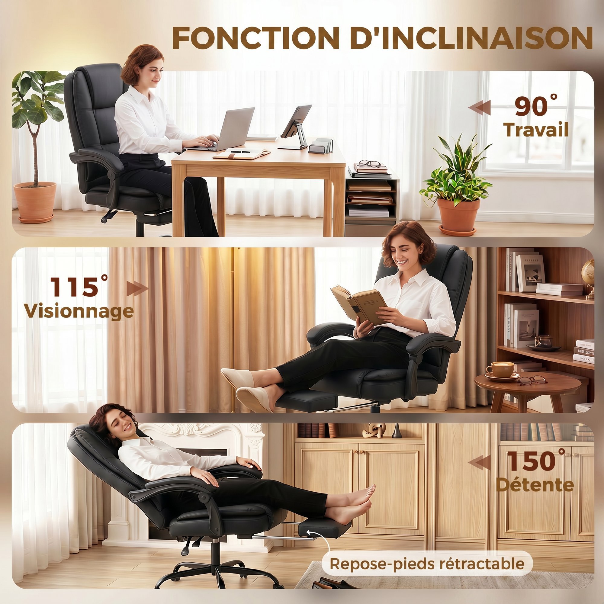 Fauteuil bureau manager inclinable repose-pieds rétractable noir