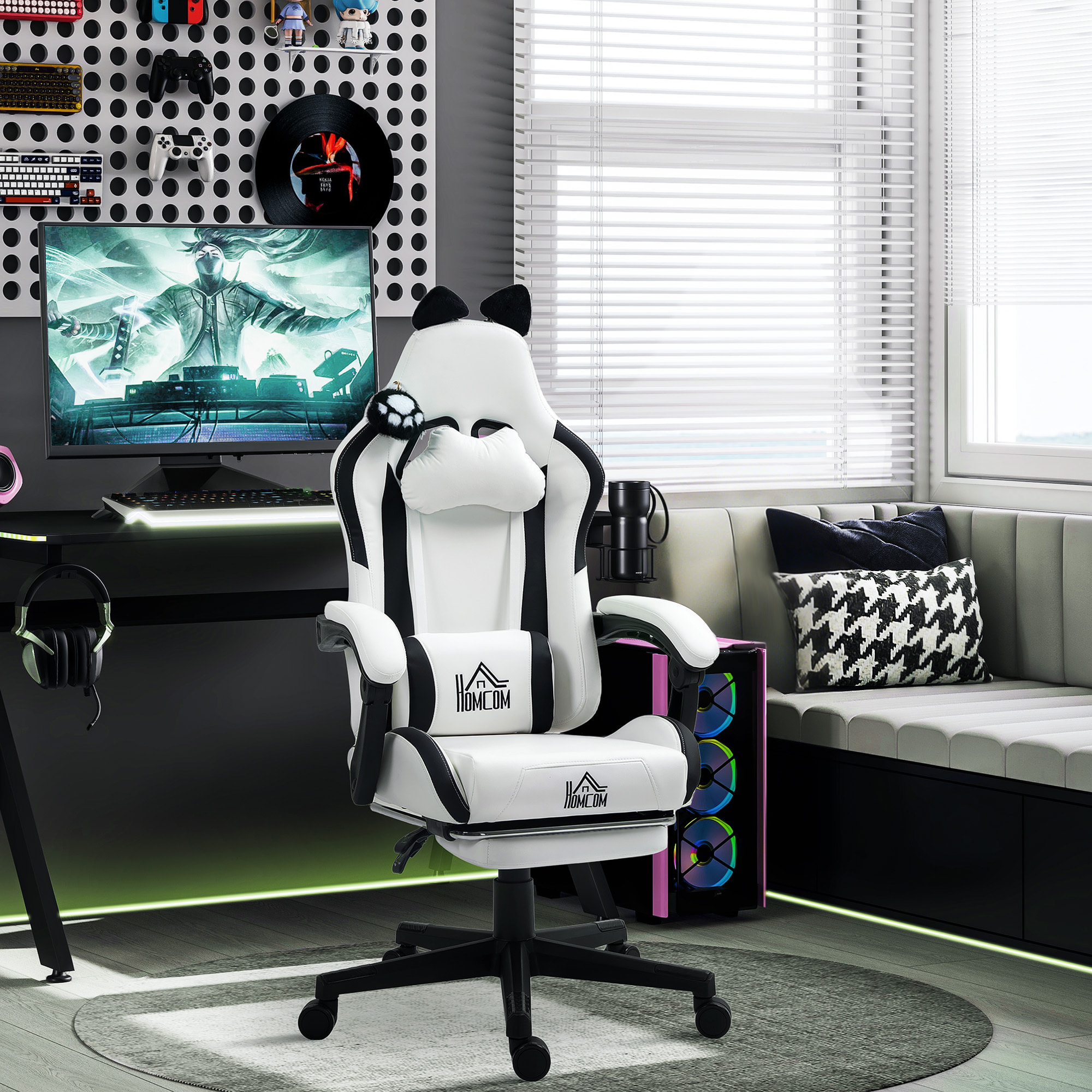 Chaise gaming design oreilles et patte de chat - inclinable, repose-pieds rétractable - blanc noir