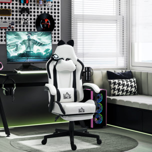 Chaise gaming design oreilles et patte de chat - inclinable, repose-pieds rétractable - blanc noir