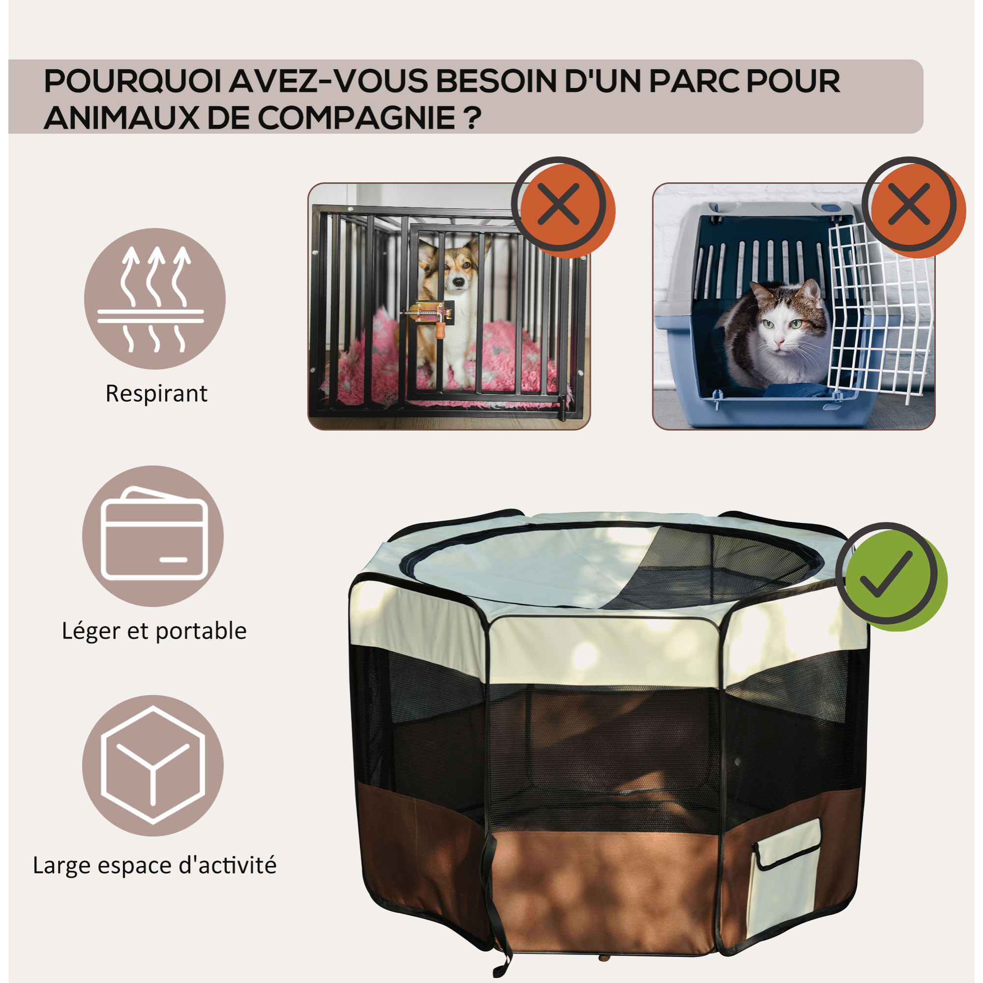 Parc enclos pliable chien chat Ø 117 x 76H cm - 2 portes, 2 poches, sac transport - acier Oxford marron beige