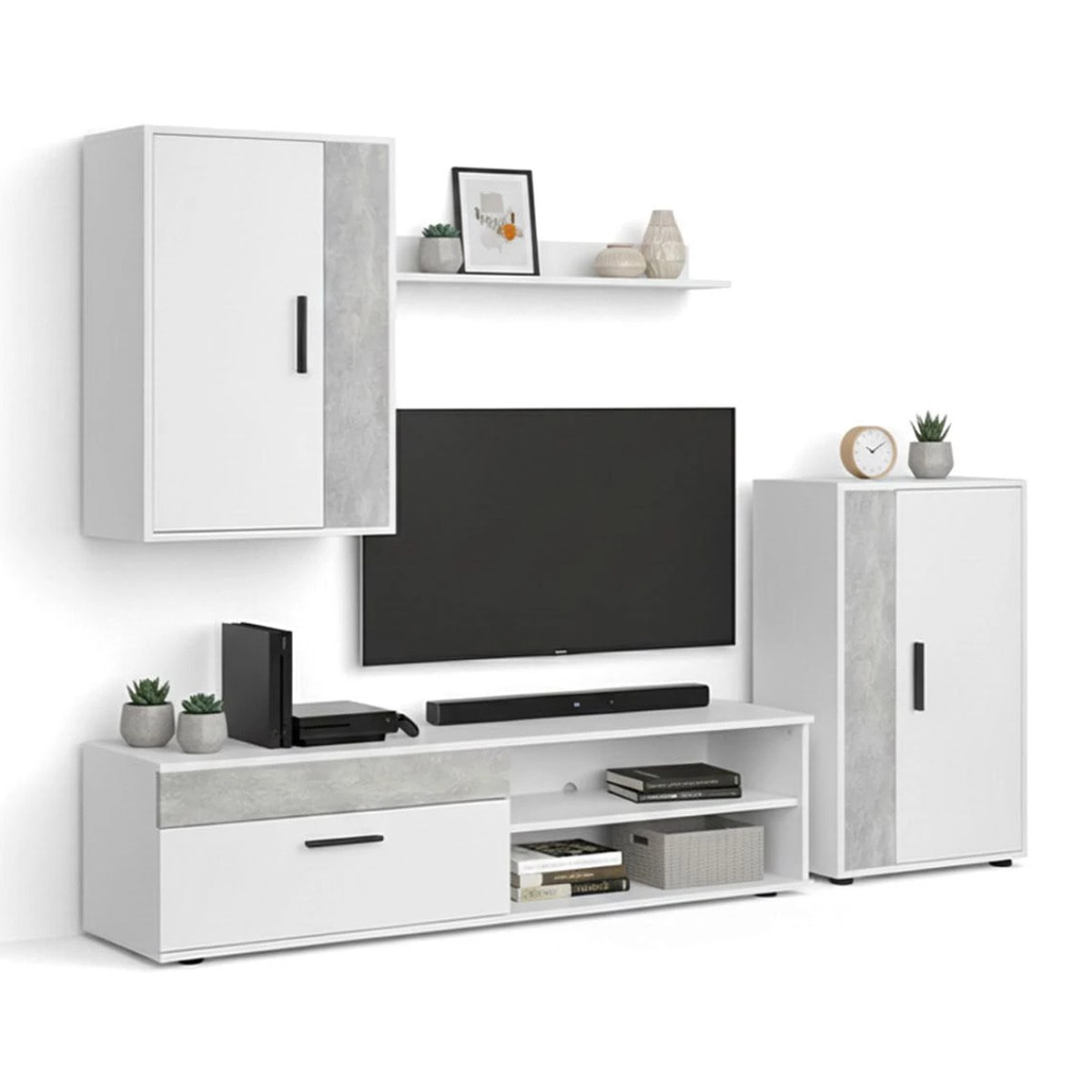 Salón modular con mueble TV en blanco artik y microcemento 190 cm Lunet Blanco Artik (Blanco Mate) - Microcemento