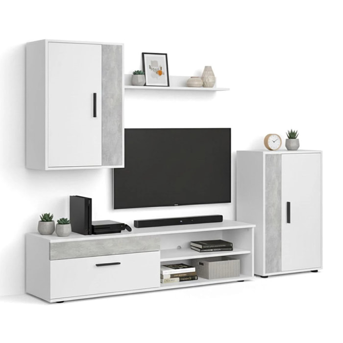 Salón modular con mueble TV en blanco artik y microcemento 190 cm Lunet Blanco Artik (Blanco Mate) - Microcemento