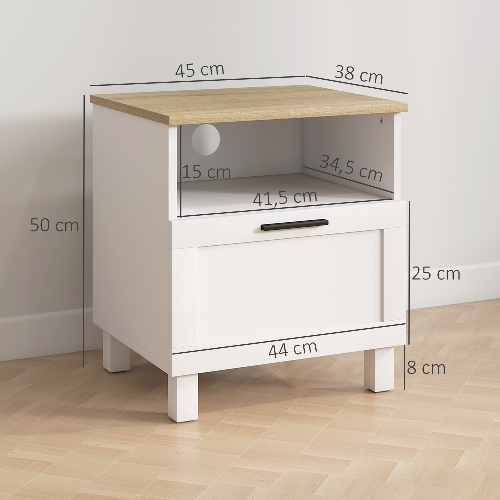 Juego de 2 Mesitas de Noche Modernas, Mesillas de Noche con Cajón, Compartimento Abierto, Patas de Madera, Mesa Auxiliar para Salón, Dormitorio, 45x38x50 cm, Blanco