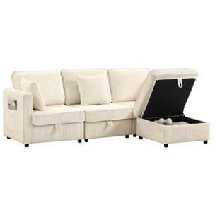 HOMCOM Sofá de 3 Plazas Seccional con Almacenaje, 235 cm, Sofá Modular de Pana con Otomana Reversible, en Forma de L, Asiento Ancho y Profundo, 3 Almohadas, Bolsillos Laterales, Crema