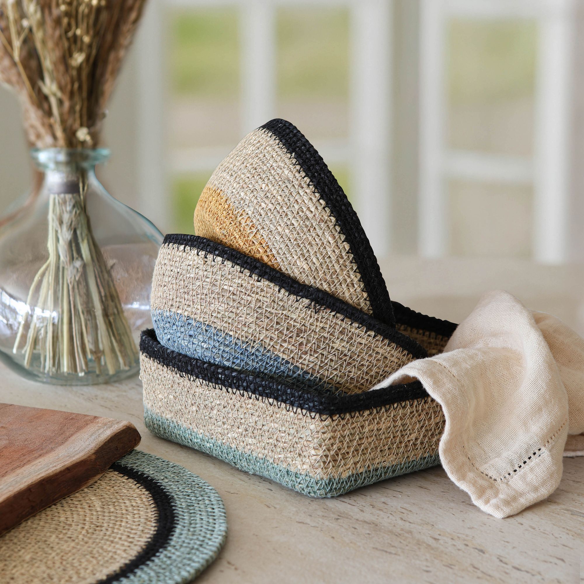 Panier carré en jonc de mer naturel et vert 18cm DUNE