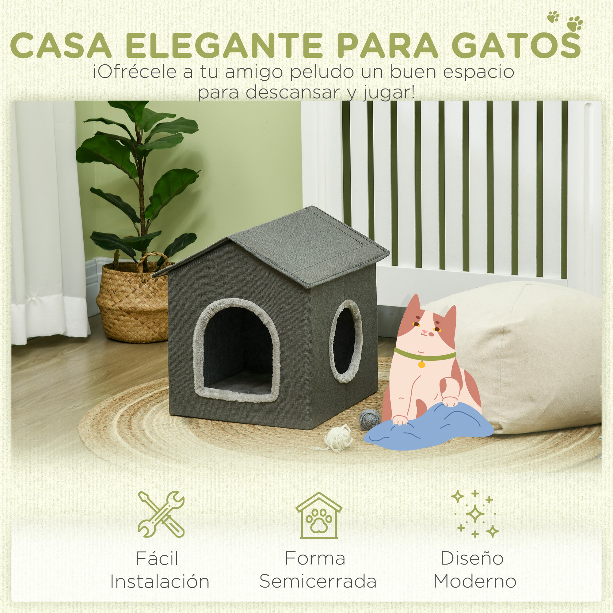 Casa para Gatos Cama para Gatos Cueva para Gatos con 2 Puertas y Cojín Lavable 39x43,5x40,5 cm Gris