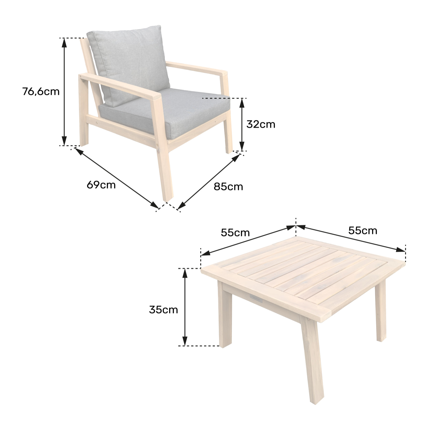 Salon de jardin en acacia 2 places GILI - coussins gris