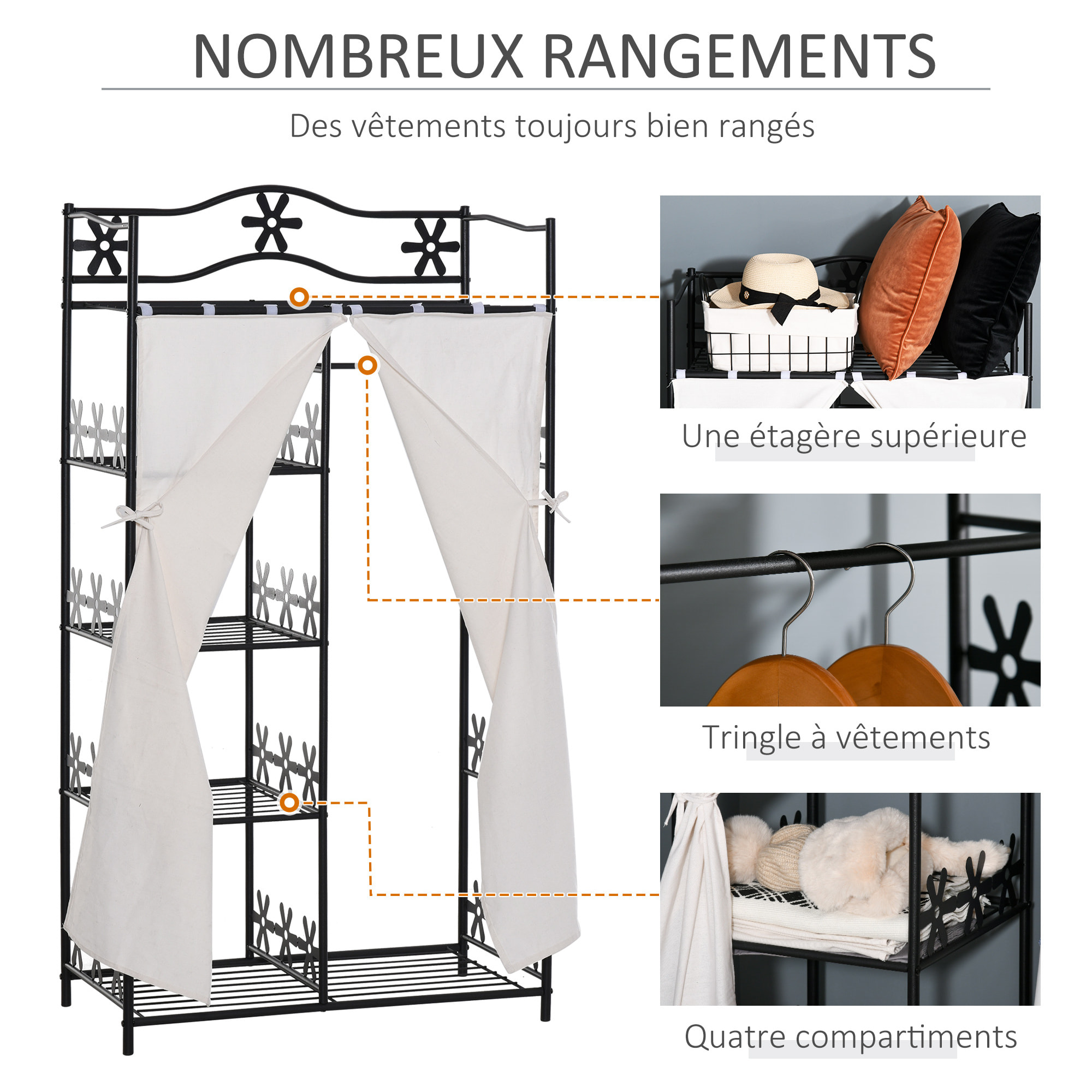 Armoire penderie multi-rangement - 5 étagères - dim. 84L x 42l x 158,5H cm - métal noir motif fleurs 2 rideaux blanc