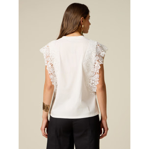Oltre - Camiseta escote en V con encaje - Blanco