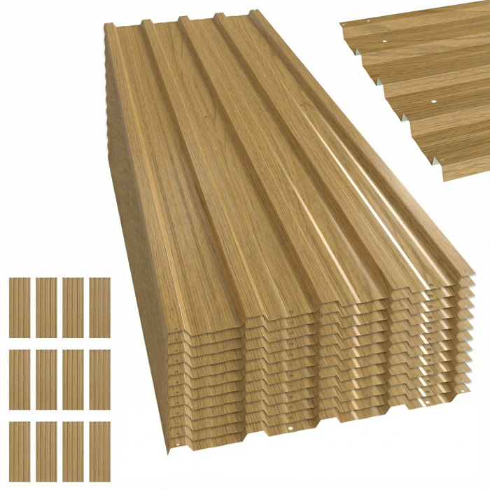 Lot de 12 panneaux - dim. 129L x 45l cm - tôle acier ondulé couleur bois naturel
