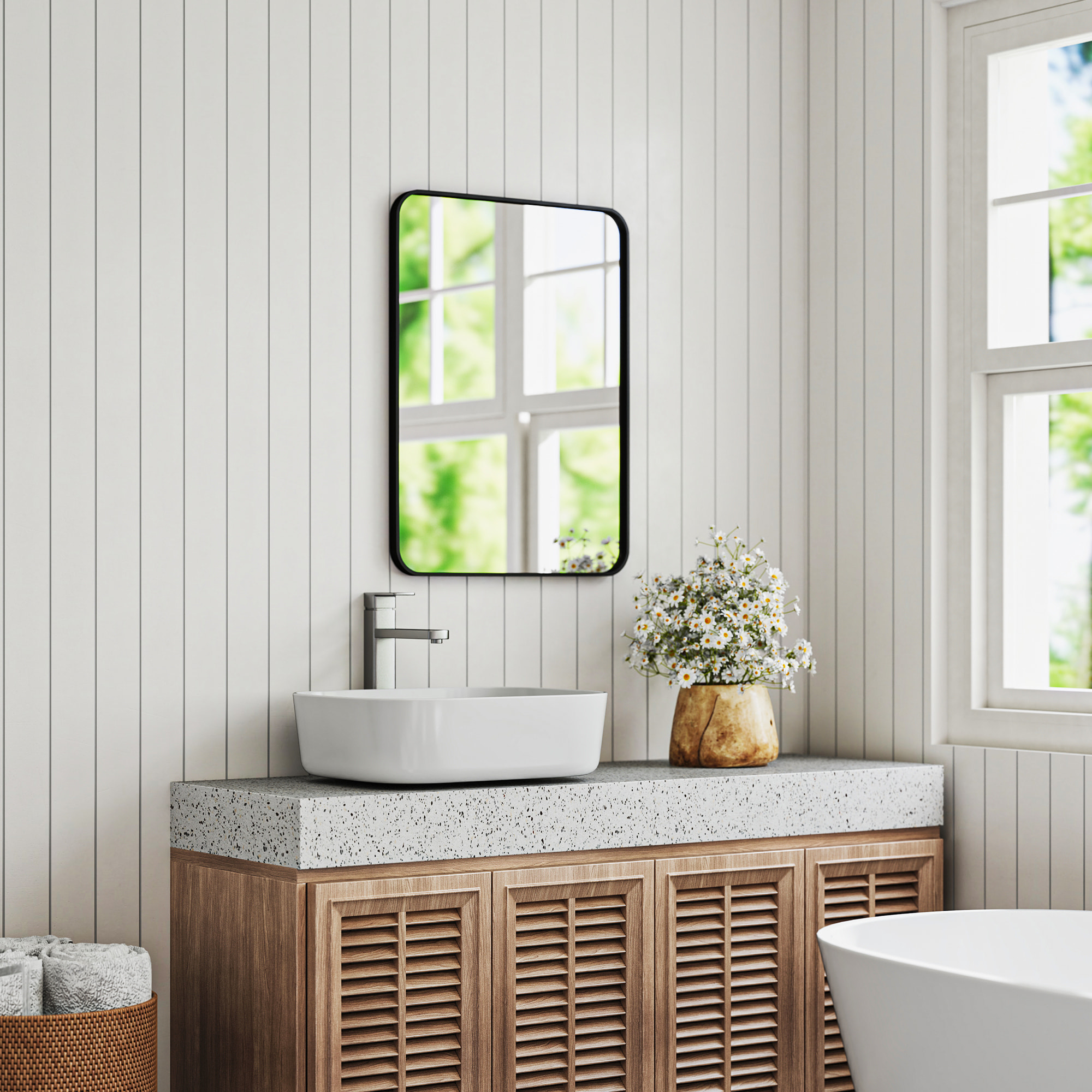 Espejo de Baño 60x80 cm Espejo Rectangular Espejo de Pared con Marco de Metal Vertical u Horizontal para Recibidor Sala de Estar Negro