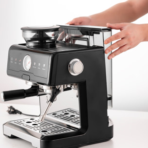 Cafetera de 2200W con 20 niveles de molido y sistema dual para café frío o caliente. Pantalla táctil, varilla de vapor, 20 bar de presión y tanque de 2,6 L.