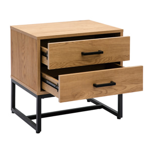 Table de chevet avec rangements 2 tiroirs finition bois clair chêne et métal noir LOVATO