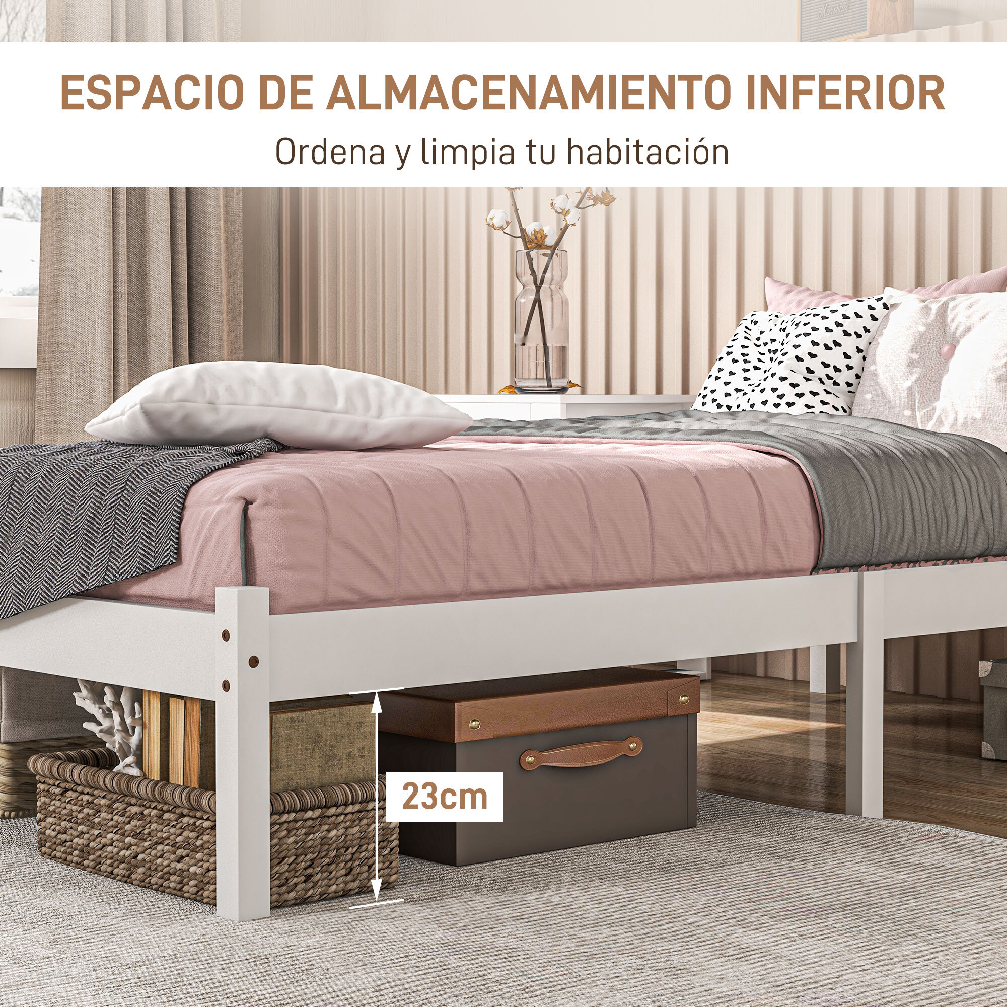 Marco de Cama de Madera Estructura de Cama Somier con Cabecera para Colchón de 90x190 cm (no incluido) Carga 120 kg 198x96x70 cm Blanco