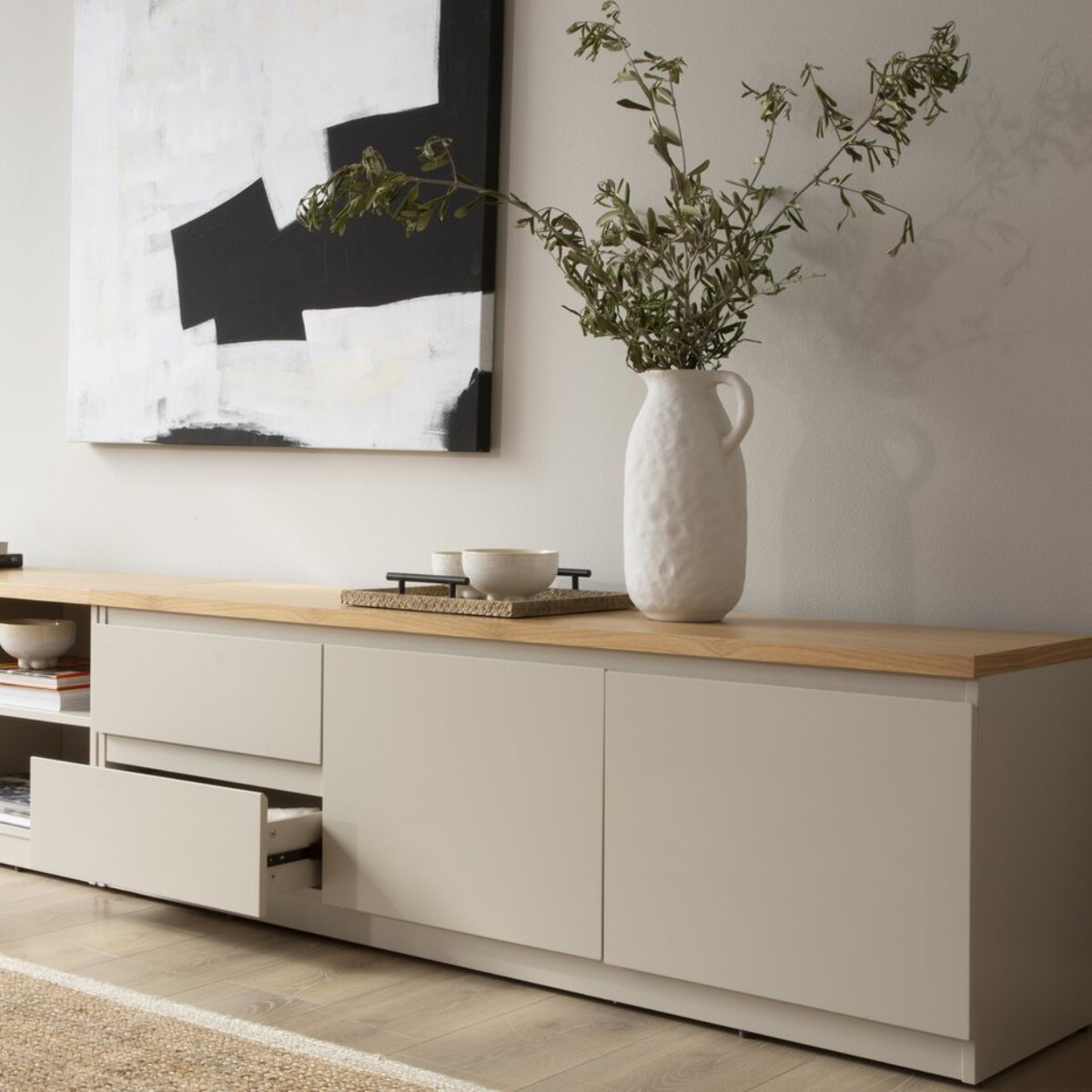 Meuble tv Ellinor -tableau en chêne et panneau mdf-couleur chêne/beige 150 x 50 x 40 cm