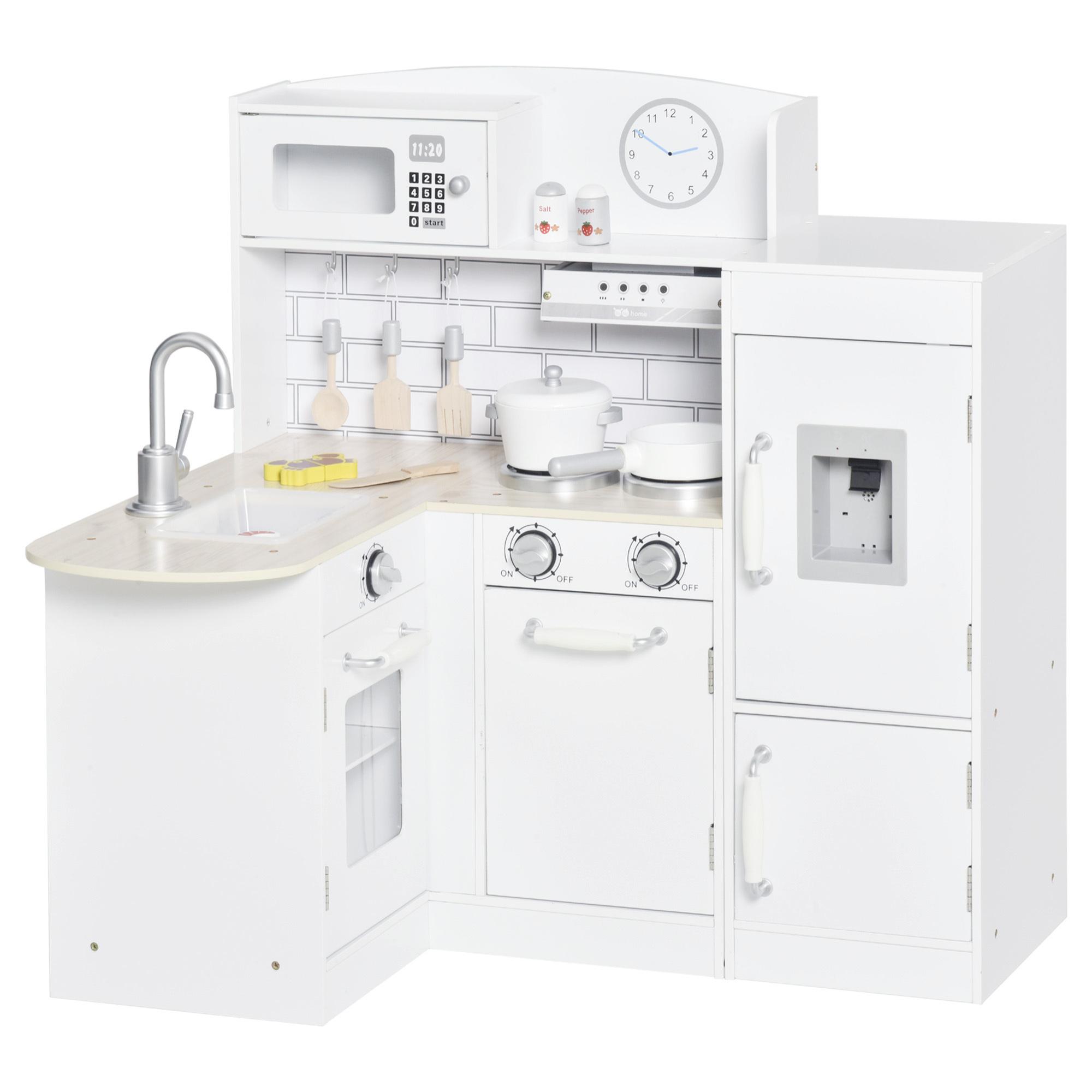 Cocina de Juguete de Madera para Niños de +3 Años con 14 Accesorios Separable Cocinita Infantil con Sonido Nevera Microondas Fregadero Campana 86x64x84,5 cm Blanco