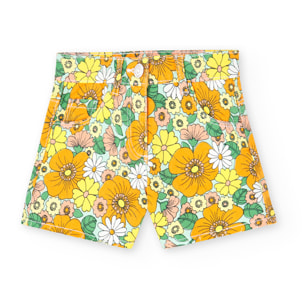 Short sarga elÃ¡stica niÃ±a estampada, flores, naranja