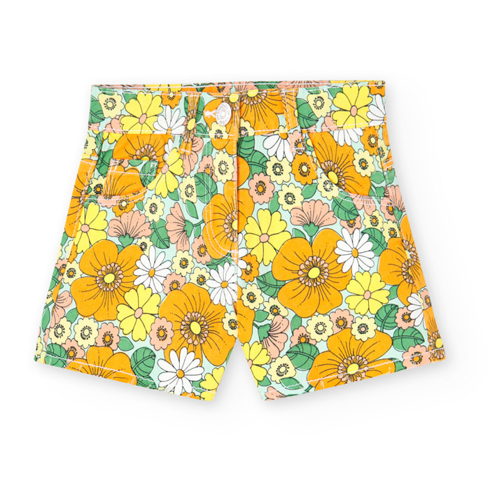 Short sarga elÃ¡stica niÃ±a estampada, flores, naranja