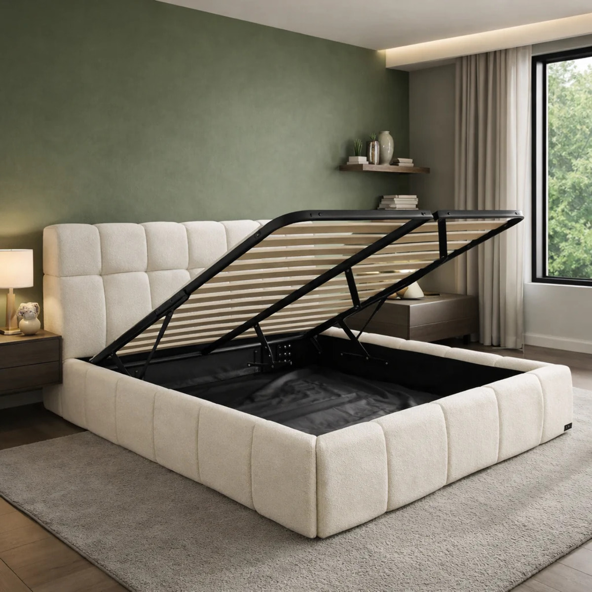 Lit coffre Aneto avec tête de lit en tissu chenille beige