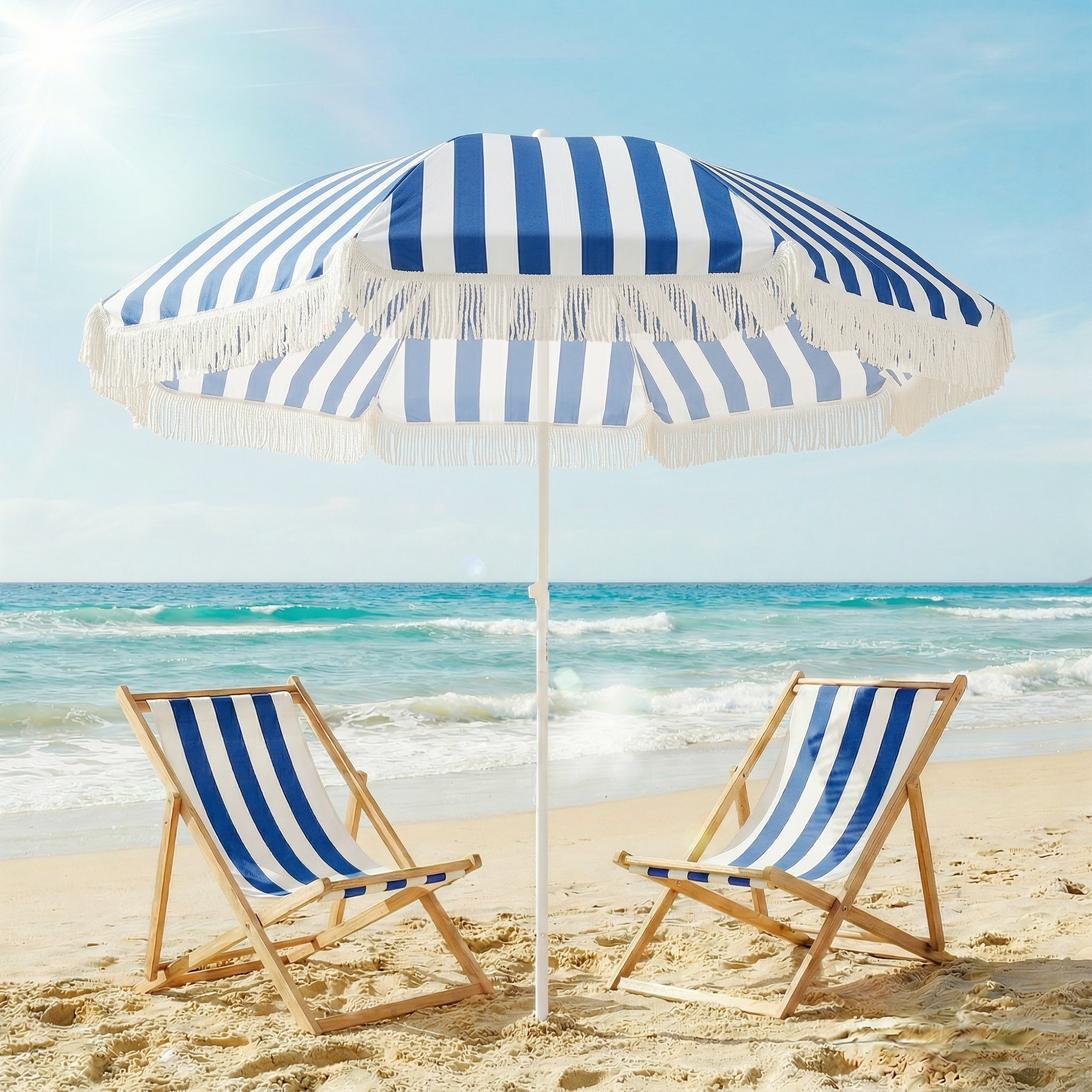 Sombrilla de Playa con Flecos Ø180 cm, Sombrilla de Terraza Exterior con Altura Ajustable, Inclinación 30°, Anclaje Arena y Bolsa de Transporte, Azul y Blanco