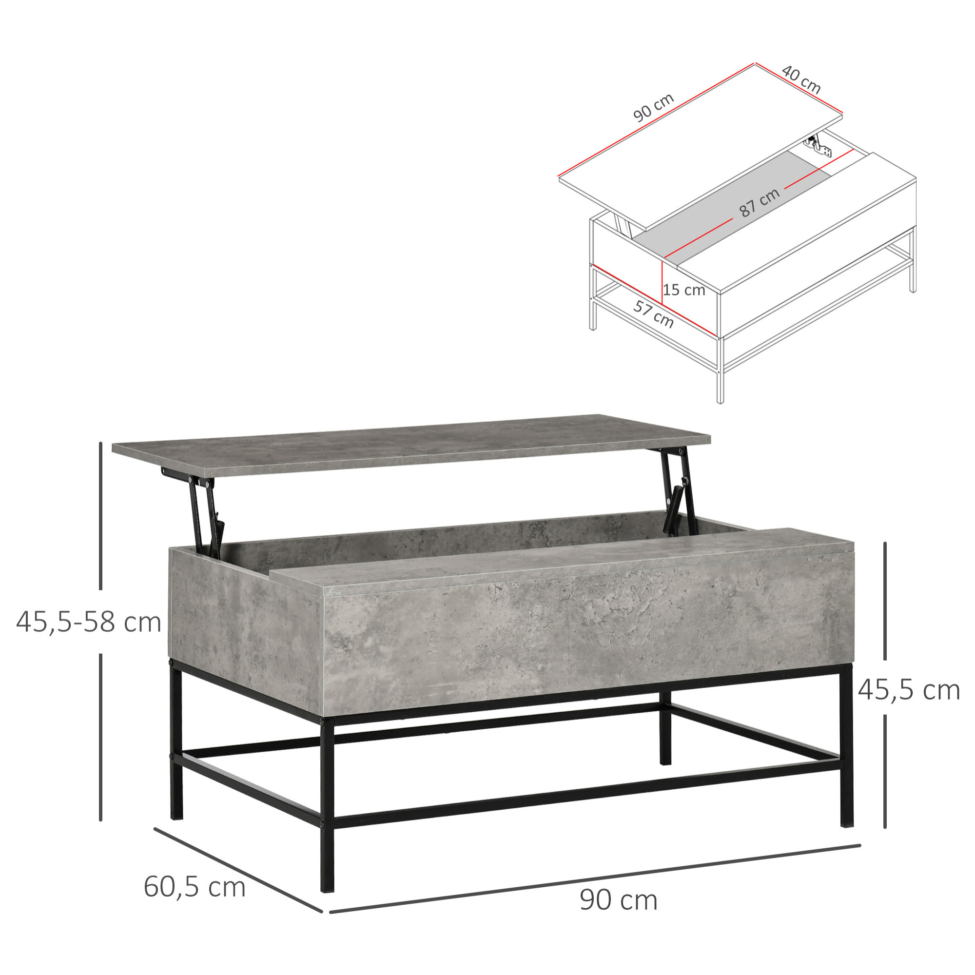 Mesa de Centro Elevable Mesa de Centro con Espacio de Almacenaje Oculto Mesa Elevable para Salón Comedor 90x60,5x45,5 cm Gris Cemento