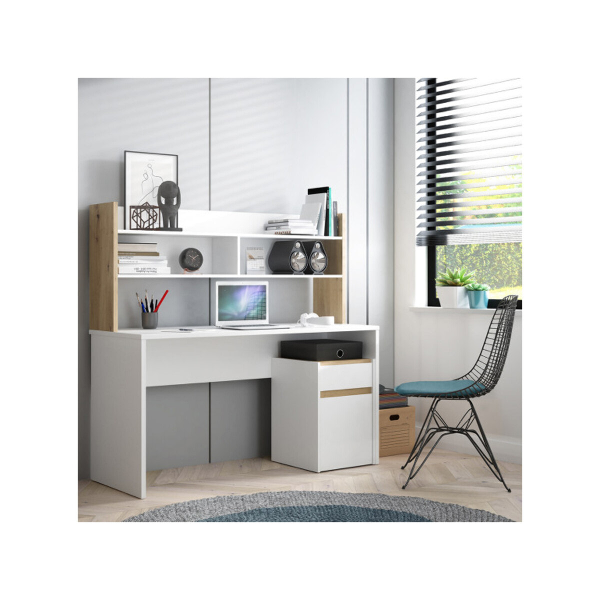 Bureau et sur-meuble de bureau avec rangements blanc, effet chêne - L 110 CM - KIARA