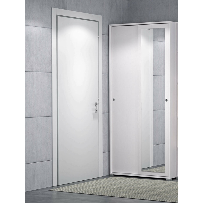 Guardaroba Abduhl, Armadio a 2 ante scorrevoli e specchio, Mobile con barra appendiabiti e ripiani, 100% Made in Italy, 90x45h195 cm, Bianco