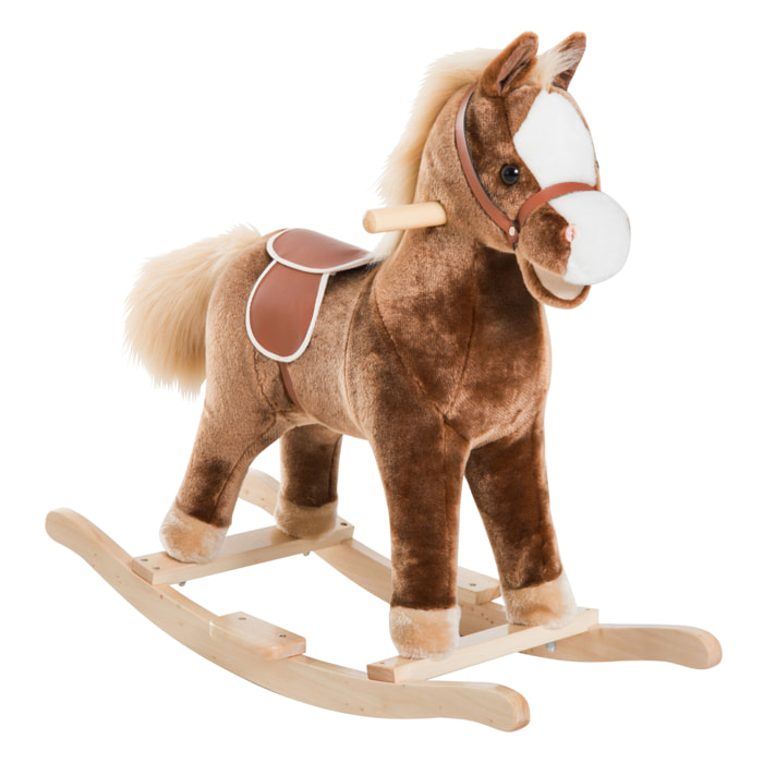 Cheval à bascule cheval de cowboy selle grand confort peluche courte douce bois peuplier brun blanc