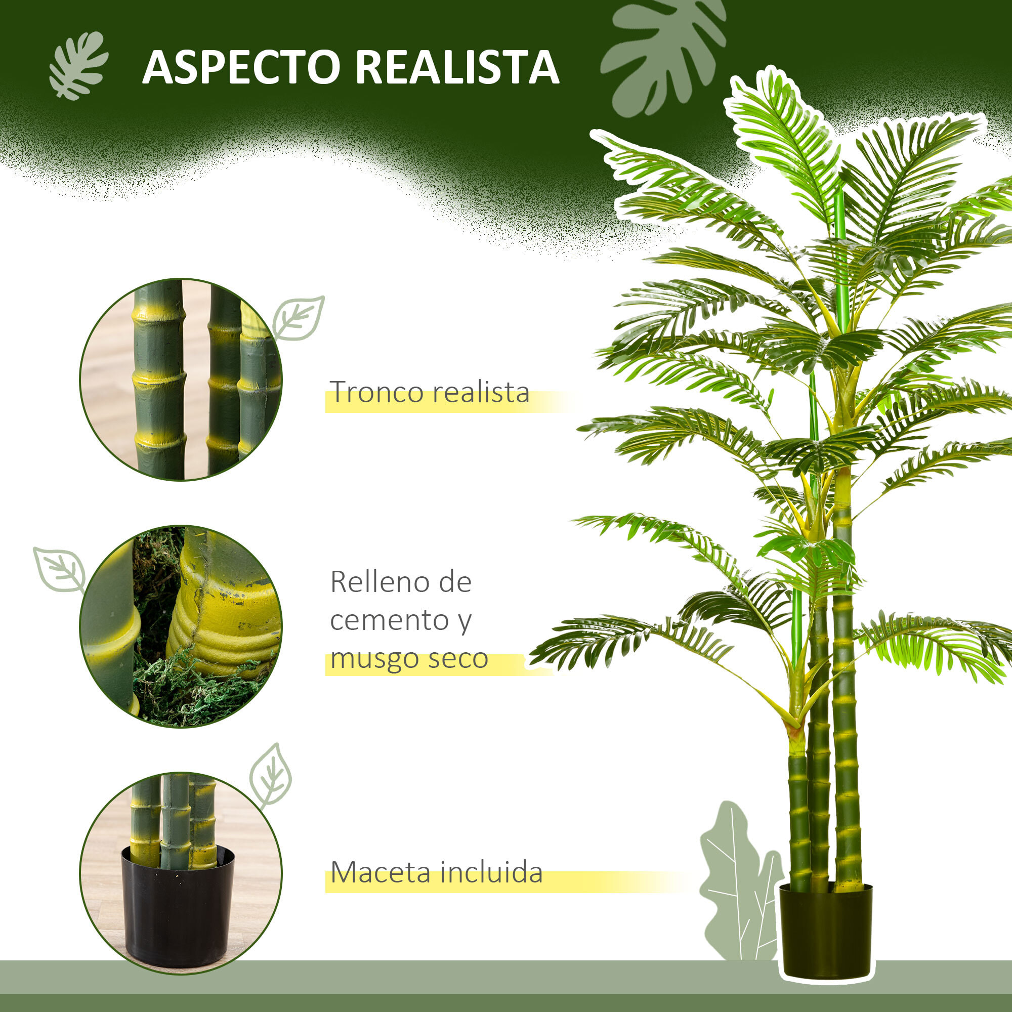 Planta Artificial Palmera Areca Grande 190 cm con Maceta para Interior Exterior