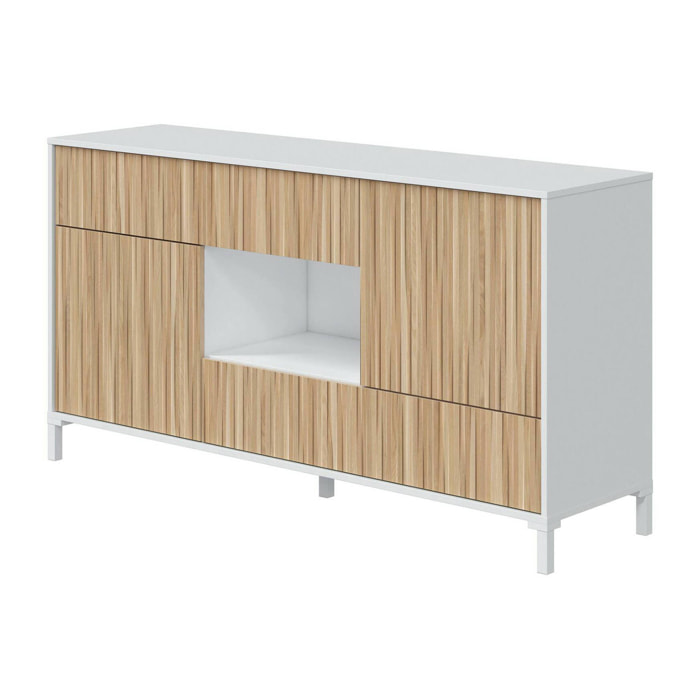 Credenza Wheaton, Buffet da soggiorno a 2 ante e 2 cassetti, Madia da salotto, Credenza moderna, 151x41h80 cm, Rovere e Bianco lucido