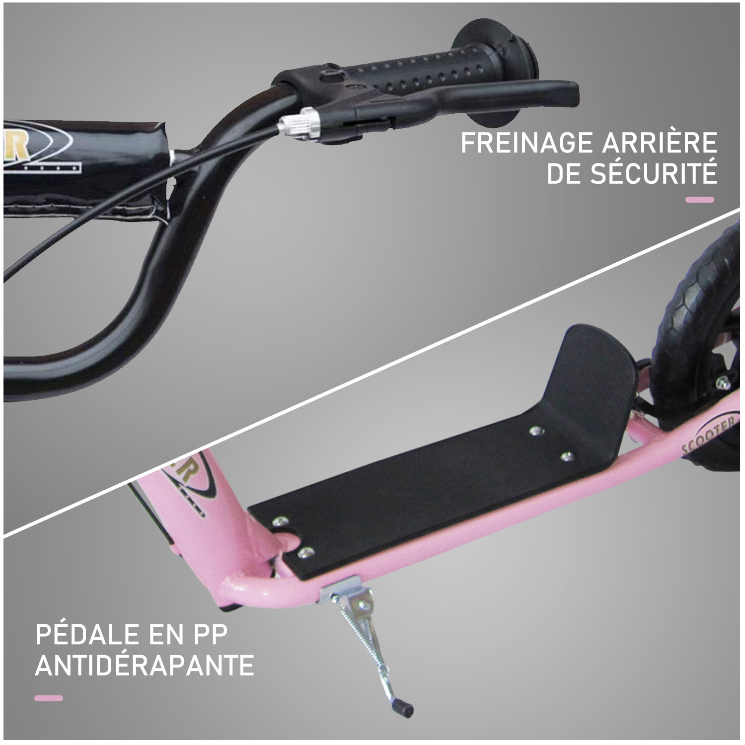 Trottinette patinette pneus 30 cm hauteur guidon réglable poignée frein et béquille acier rose