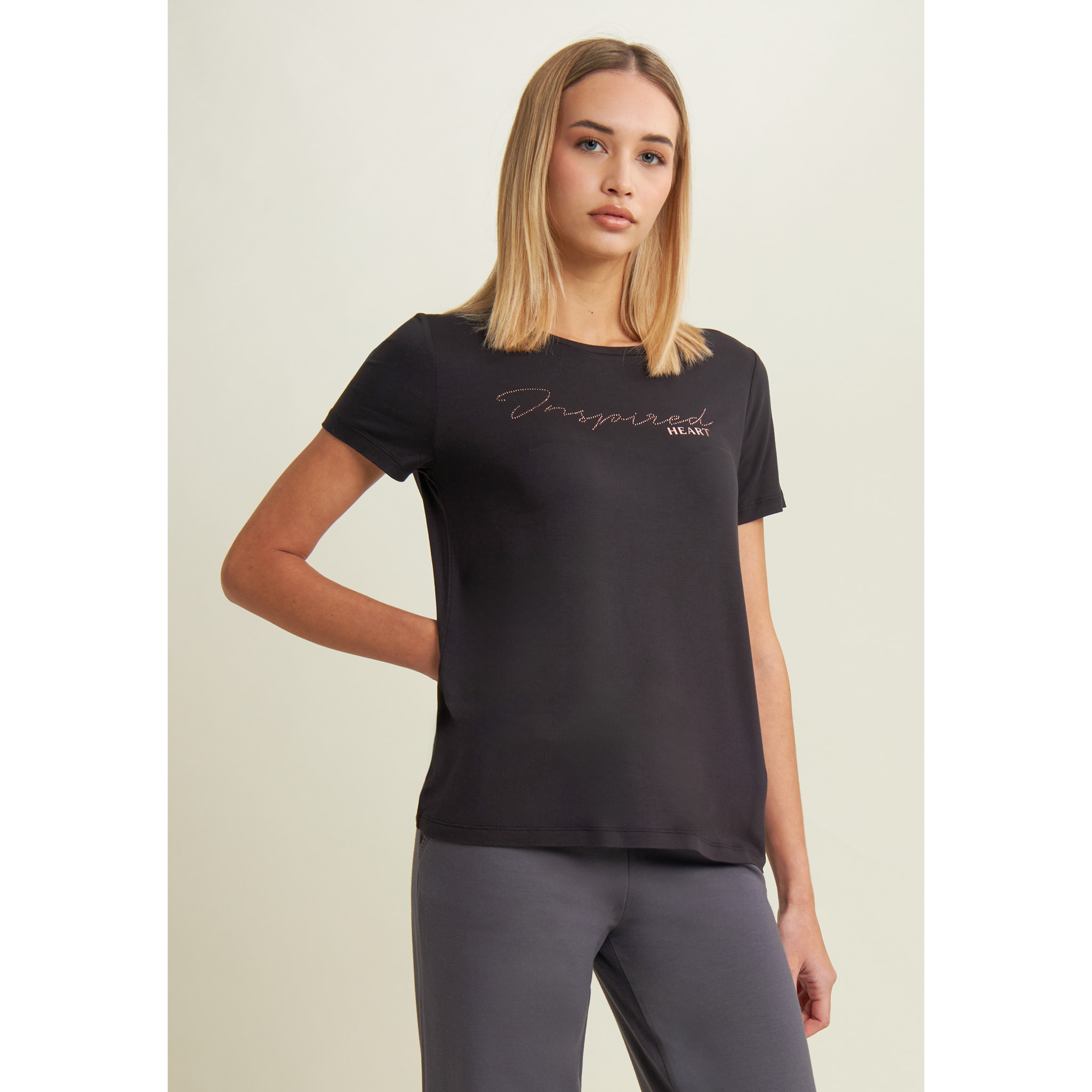 T-shirt donna con grafica in strass e logo sul fondo