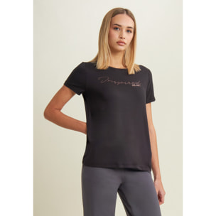 T-shirt donna con grafica in strass e logo sul fondo