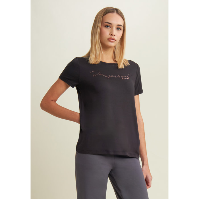 T-shirt donna con grafica in strass e logo sul fondo