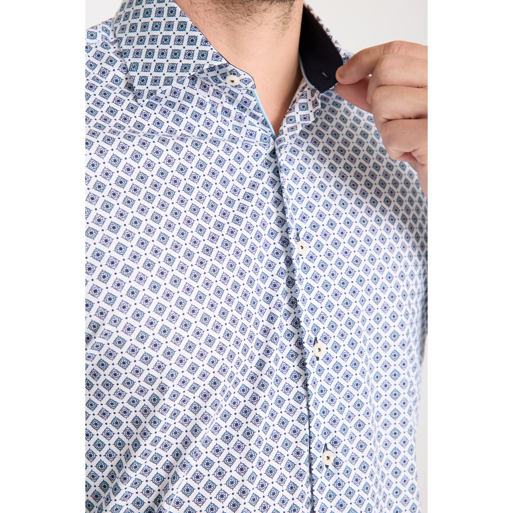 Camicia Uomo 1 Bottone Francese Slim Popeline Stretch Stampato Bianco/Celeste
