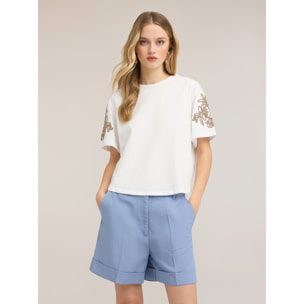 Motivi - T-shirt in jersey con ricami floreali - Bianco