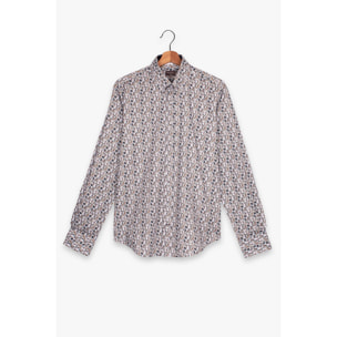 camicia uomo 1 bottone button down slim Popeline Stampato Bianco e Blu