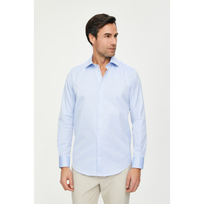 Camicia Uomo 1 Bottone Francese Slim Cotone Unito Blu