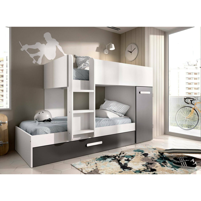 Letto per bambini Eiger, Cameretta completa con armadio e cassetto, Composizione letto a castello con due lettini singoli, 244x112h150 cm, Bianco e Antracite