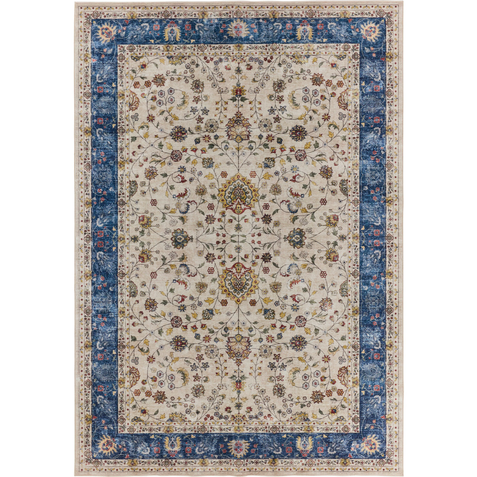 OTTOMAN - Tapis à poils courts doux à motif arabesque bleu