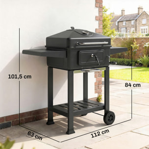 Barbacoa de Carbón Portátil, Barbacoa de Carbón Móvil con Bandeja y Ventilación Ajustable, Estantes Laterales, Termómetro, Tapa, Cajón de Cenizas, Ruedas, Puerta Frontal, Asa, Negro