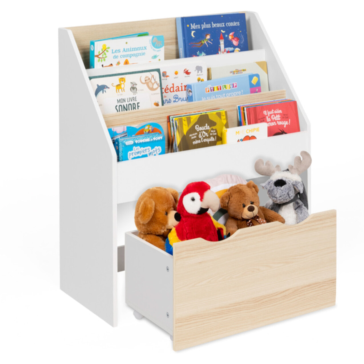 Meuble bibliothèque enfant Mia sur roulettes effet hêtre et blanc