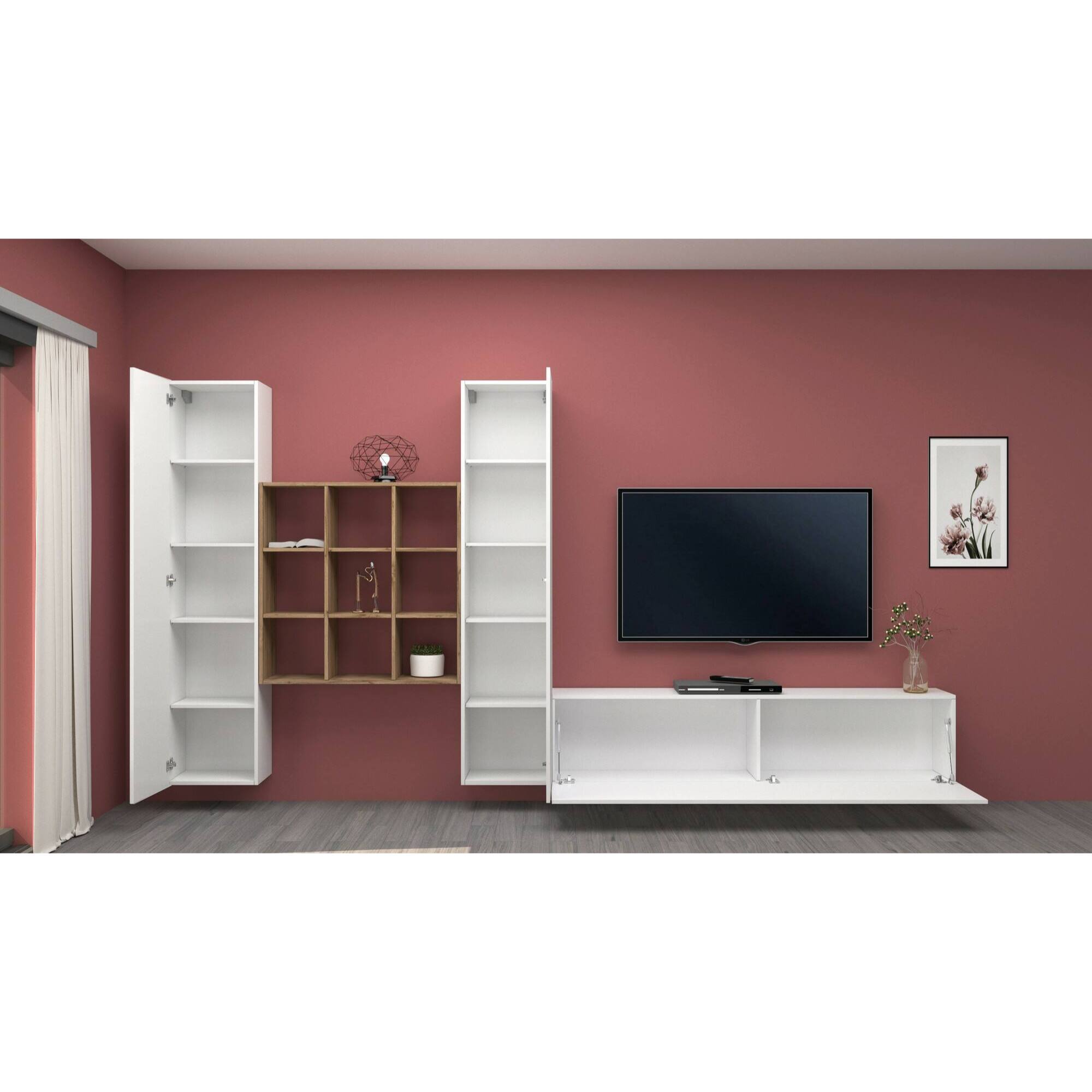 Parete attrezzata Denis, Set salotto porta TV a 3 ante, Mobile soggiorno multiuso, 100% Made in Italy, cm 270x30h180, Bianco lucido e Acero