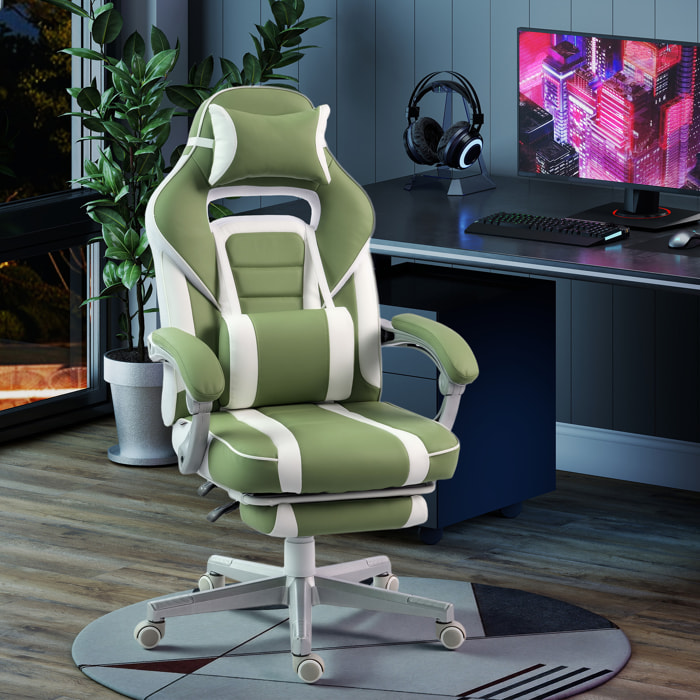 Silla Gaming, Silla Gamer Reclinable, con Altura Ajustable, Reposapiés Retráctil, Soporte Lumbar y Reposacabezas Desmontable, para Oficina, Estudio, Verde
