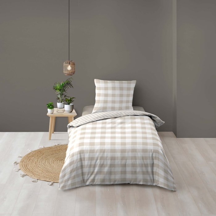 Parure de lit 2 pièces 100 % coton imprimé à carreaux housse + taie - Naturel