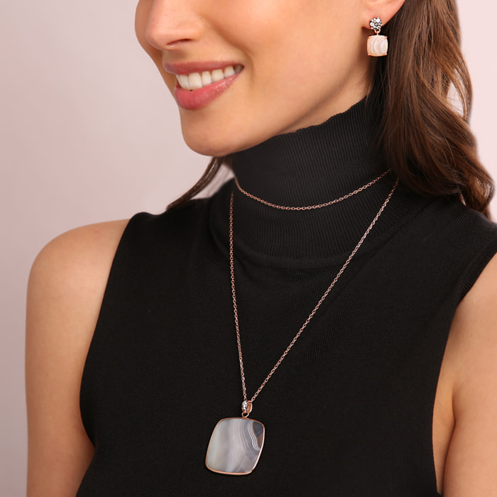 Collana con Pendente in Pietra Naturale Quadrata Apatite Blu e Pavé